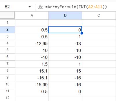 Array formula example demonstrating the INT function in Google Sheets