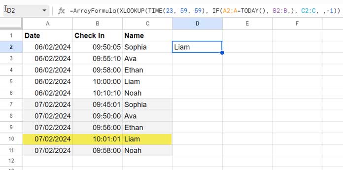 Finding who has last checked in today using XLOOKUP