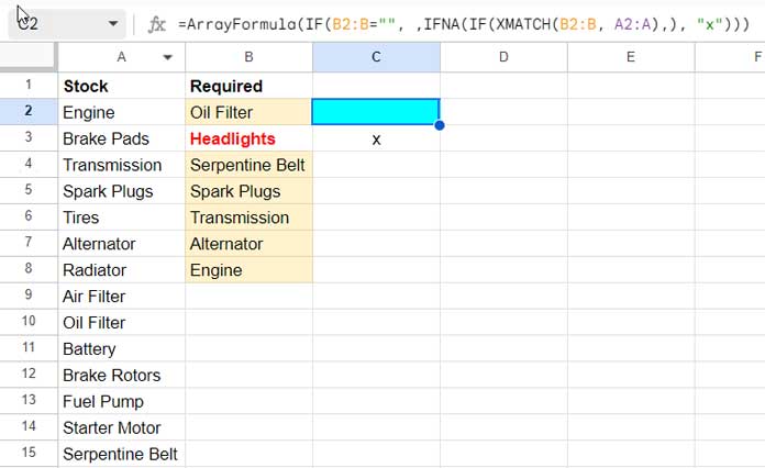 Example of Comparing Two Columns for Mismatching Values in Google Sheets