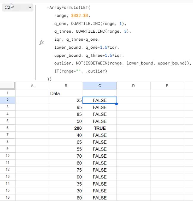 Example illustrating outlier identification in Google Sheets using statistical techniques