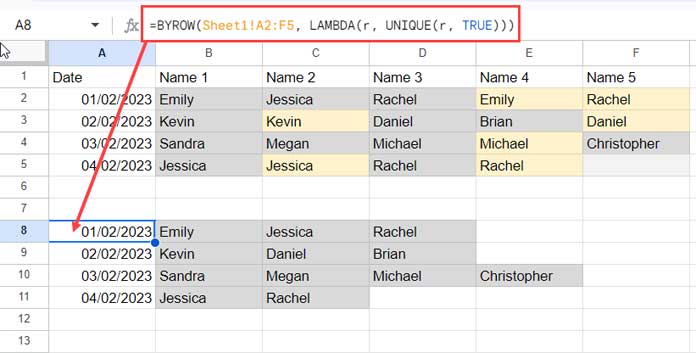 "Example demonstrating the removal of duplicate values within each row using UNIQUE and BYROW.