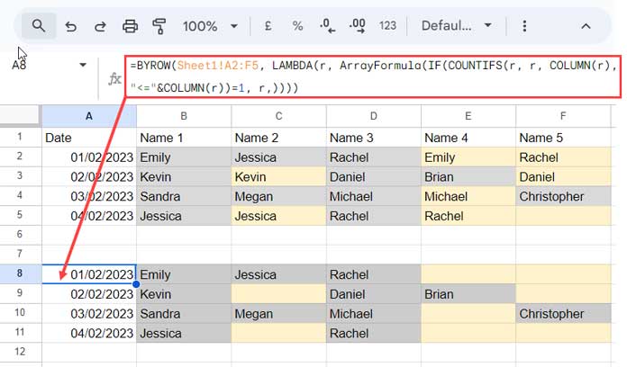 "Example demonstrating the removal of duplicate values within each row using COUNTIFS and BYROW.