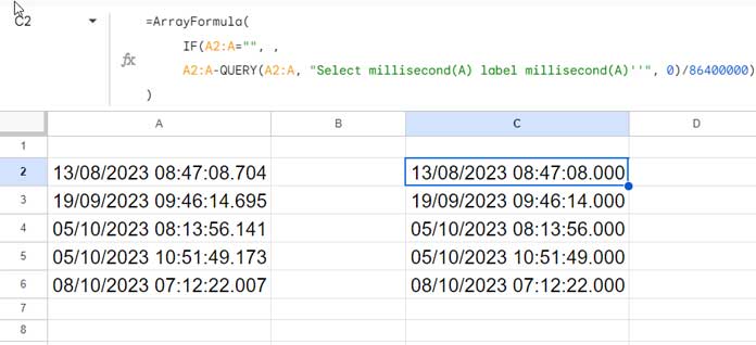 Array formula removing milliseconds in Google Sheets