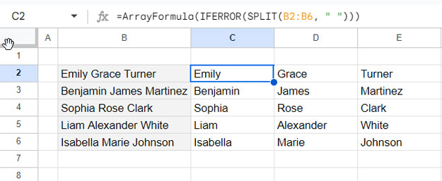 Example of using the SPLIT function to split text into columns in Google Sheets