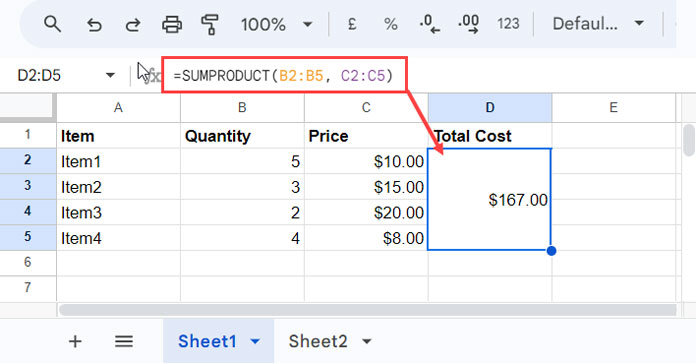 SUMPRODUCT Basic Example: Two Arrays