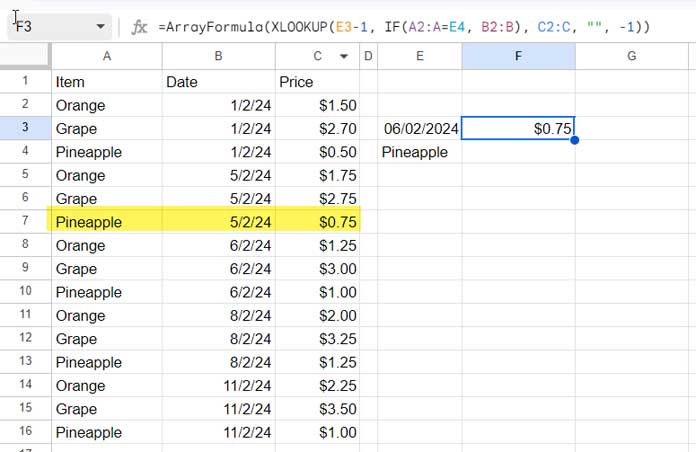 XLOOKUP for the Nearest Past Date to Today's Date with an additional criterion