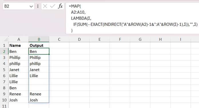 Find and remove case-sensitive duplicates using a dynamic array formula in Excel