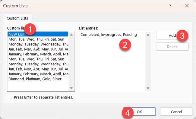 Built-in custom lists and option to create a new list in Excel