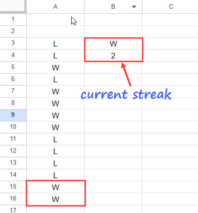 Finding current winning or losing streak in Google Sheets