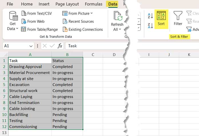 Sample data table for custom sorting in Excel with highlighted sort command selection