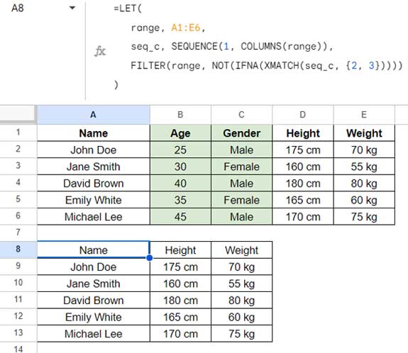 Example demonstrating dropping columns by index in Google Sheets