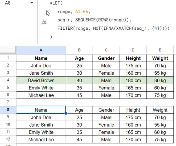 Remove rows by index: Example