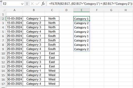 Comparison of FILTER Function: Excel vs. Google Sheets (Matching Either of the Criteria)