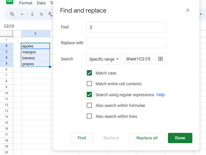 "Find and replace last character in Google Sheets