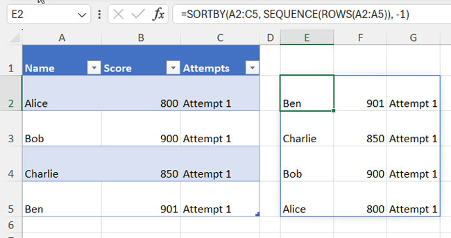 Dynamic Array Formula (SORTBY-based) for Vertically Flipping a Table in Excel