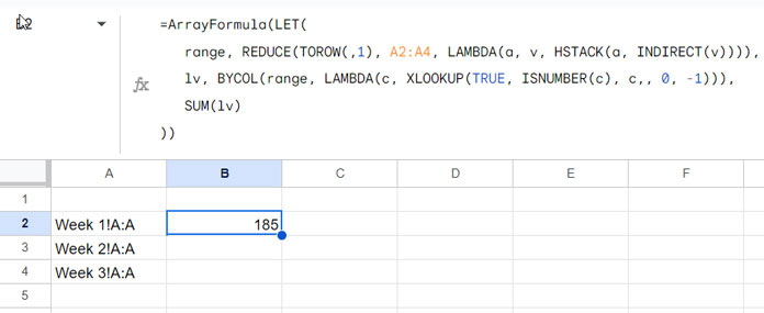 Summing last values in a column across multiple sheets using INDIRECT