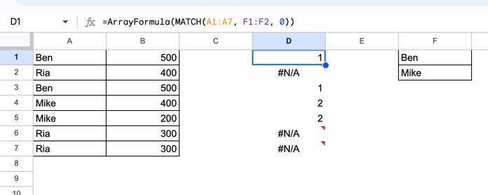 MATCH Function used in conjunction with the FILTER Function in Google Sheets