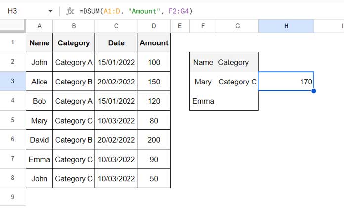 Comparison of SUMIFS, SUMPRODUCT, and DSUM with Multiple Criteria