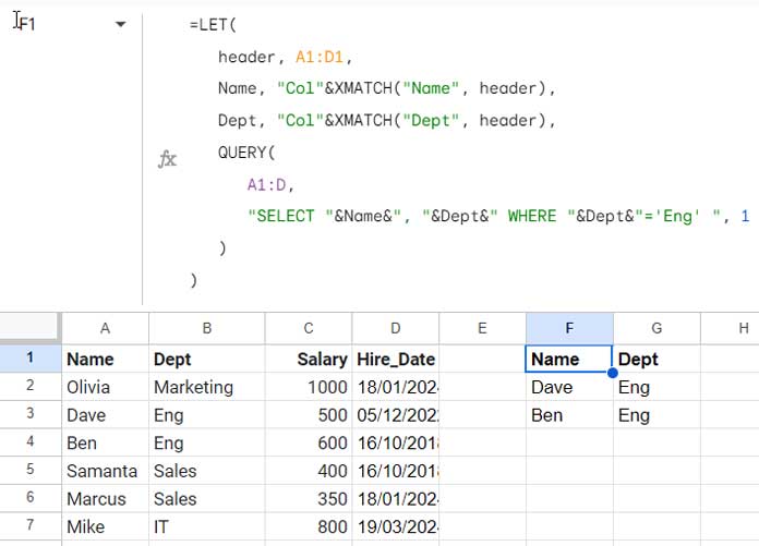 Reference a column by row headers using LET with QUERY