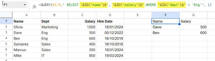 Reference a field labels using custom function with QUERY