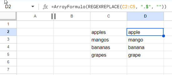 Array formula to remove the last character in a list of strings