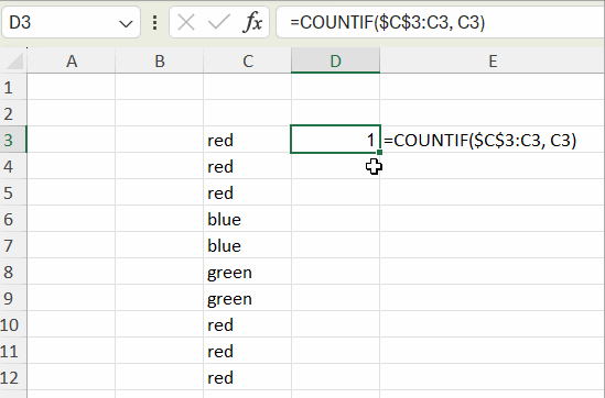 Running Count of Occurrences in Excel using Drag-Down COUNTIF Formula