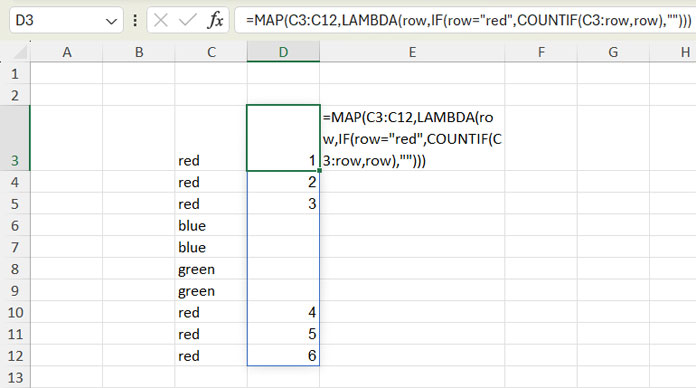 Running Count of Occurrences of Specific Values in Excel (Dynamic Array Using MAP)