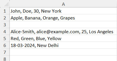Sample Data Demonstrating Row-Wise Splitting in Excel