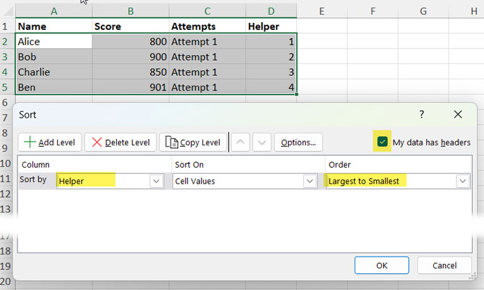 Sorting data from largest to smallest in Excel