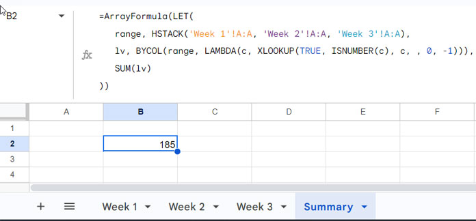 Sum of the last non-blank cell value in a column across sheets