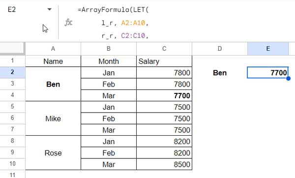 Example of XLOOKUP in Merged Cells in Google Sheets