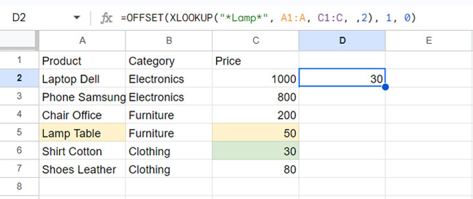 XLOOKUP with OFFSET and wildcard match in Google Sheets