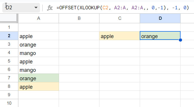 XLOOKUP with OFFSET: Return Values from the Row Above the Result Row