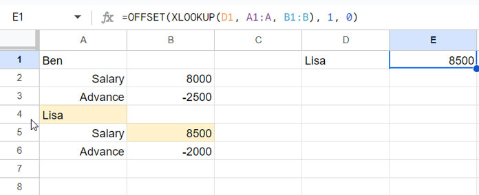 XLOOKUP with OFFSET: Return Values from the Row Below the Result Row
