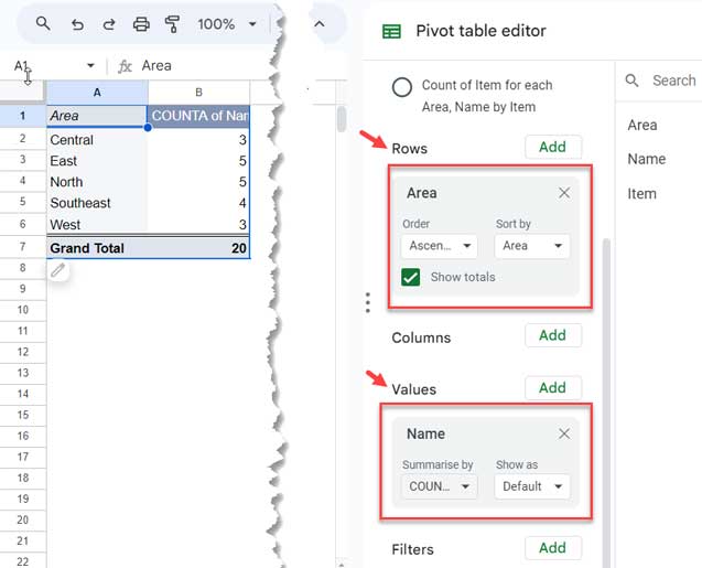 Adding Area and Name Fields to the Empty Pivot Table