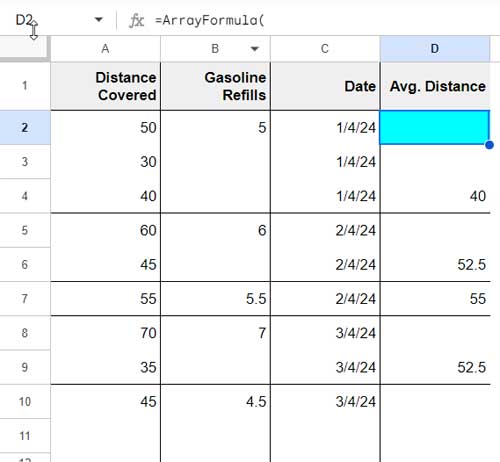 Analyzing the Average Distance Covered in Column A Relative to Gasoline Refills in Column B Across Non-Adjacent Cells