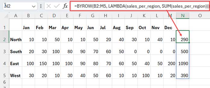 Sum by Row Using BYROW Lambda Helper Function in Excel