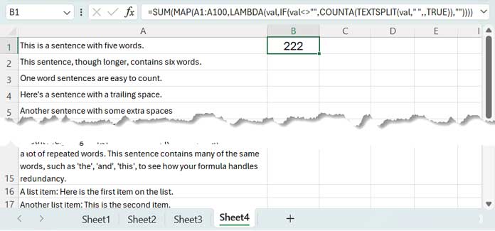 Dynamic array formula counting words in a column in Excel
