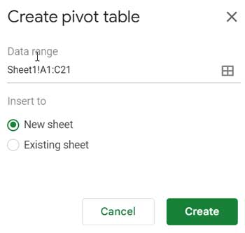 Creating Pivot Table in a New Sheet - Settings