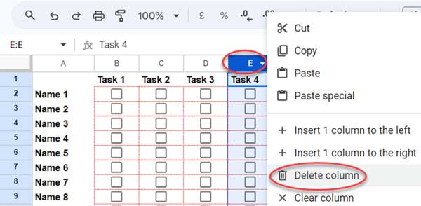 Deleting a Task Column in a Grid in Google Sheets