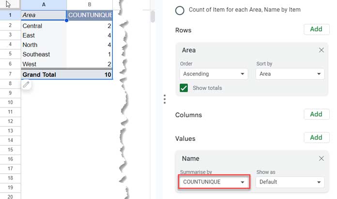 Distinct Count in Pivot Table in Google Sheets - Settings