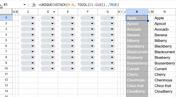 Example of Generating Distinct Values in a Drop-Down List within a 2D Array