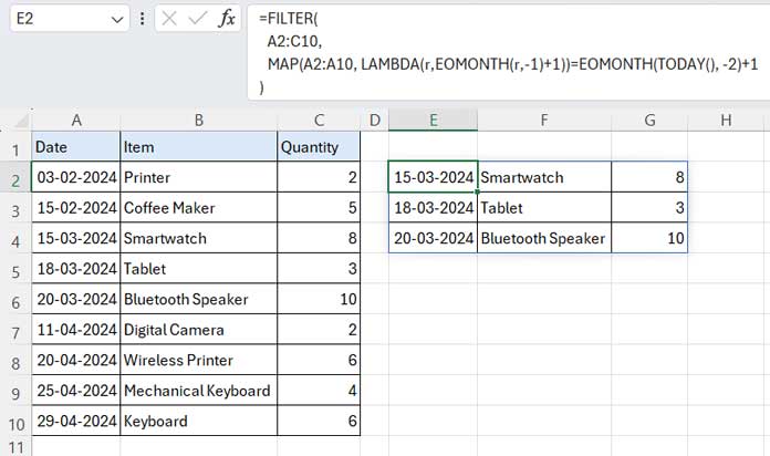 Example of Filtering Data from the Previous Month in Excel