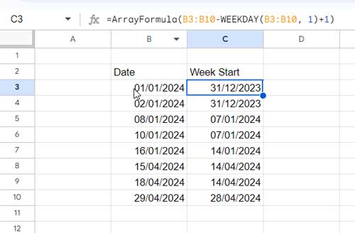 Finding Week Start Dates in Google Sheets