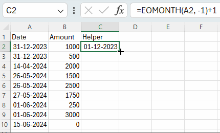 Helper column setup for summing by month in Excel