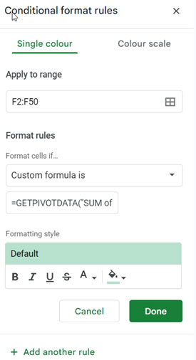 Applying highlight rules to conditionally format a Pivot Table in Google Sheets