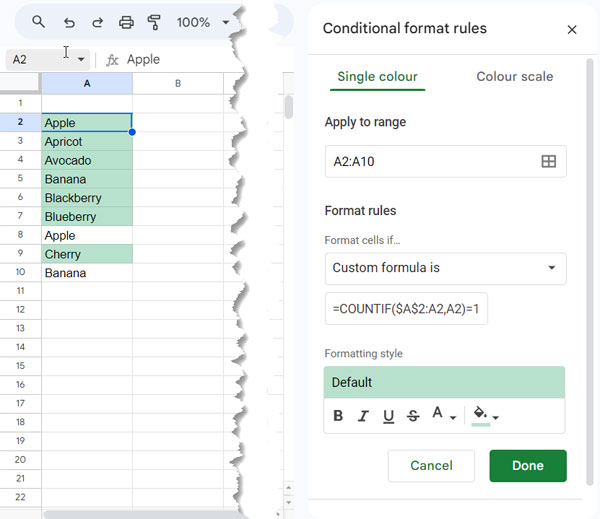 Highlighting distinct values in Google Sheets