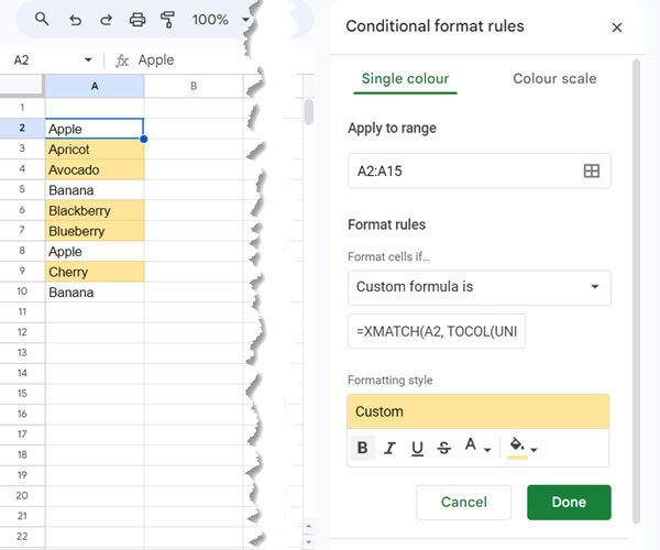 Highlighting truly unique values in Google Sheets