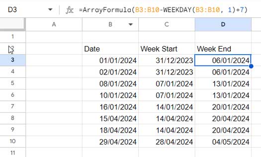 Finding Week End Dates in Google Sheets