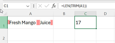 Length of the string in cell A1 after applying TRIM in Excel